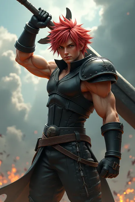  with a full body, realistic and super detailed, Create red-haired Cloud Strife , Are you using a large sword in a fighting position.