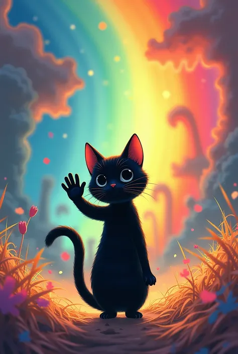 Black cat facing back waving goodbye  ,  background is a bright rainbow. Studio Ghibli slideshow