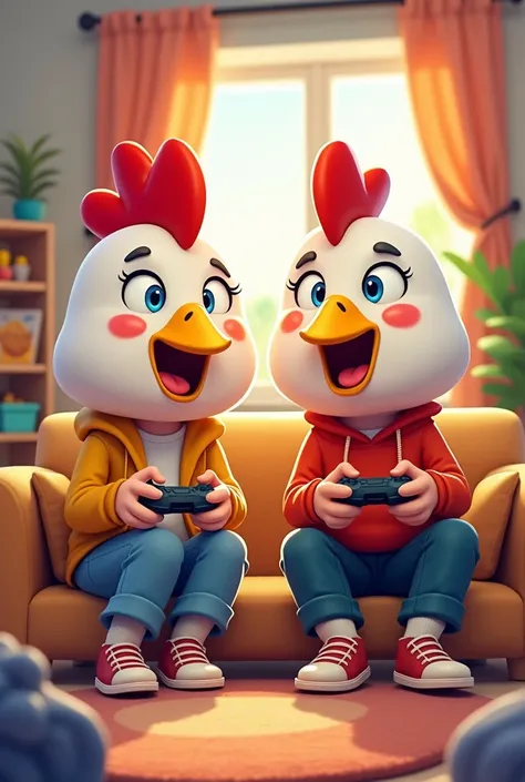 Imagine 2 friends cartoon version playing video games with chicken masks