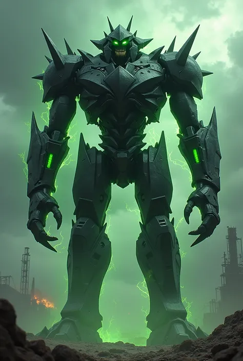 A robot with demon characteristics with the main color black and the secondary color green