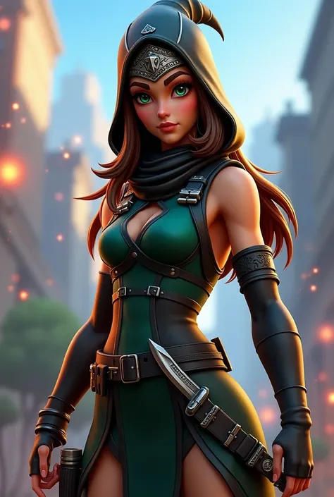 Play Fortnite 3D girl she has brown hair green eyes she wears a ninja hat and ninja dress with belt with name D wears 2 knives 