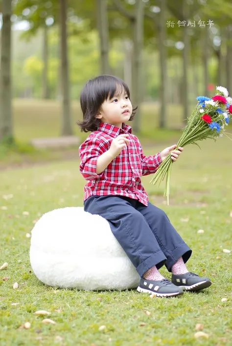 there is a  sitting on a pillow holding a bouquet, an album cover inspired by Ke Jiusi, pexels, visual art, sitting with flowers, candid photography, cute boy, thought-provoking, with flowers, , holding a flower, casual photography, happy , boy, portrait i...