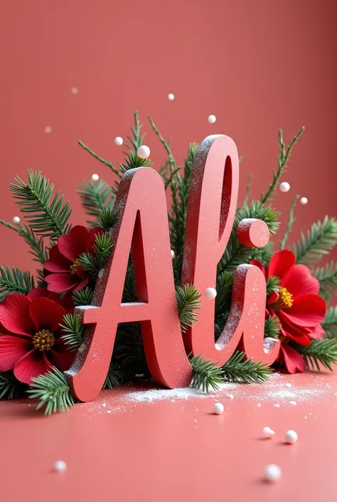 Image with a single-color background, with the text "Ali", with the first letter in capital letters, written in a festive way, with red Christmas flowers, with snow and 3D garlands