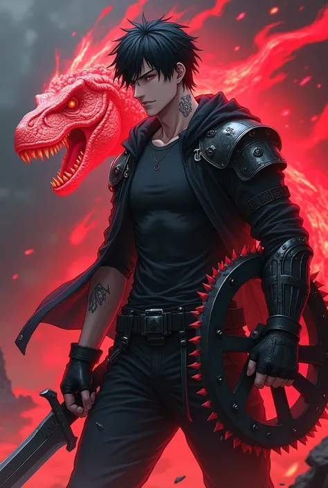 Seventeen-year-old anime boy short black hair bright red eyes marked and muscular physique with a scared black t-shirt a metal shoulder pad black fingerless gloves black combat pants a large double-edged sword a circular shield with thorns on the edges a t...