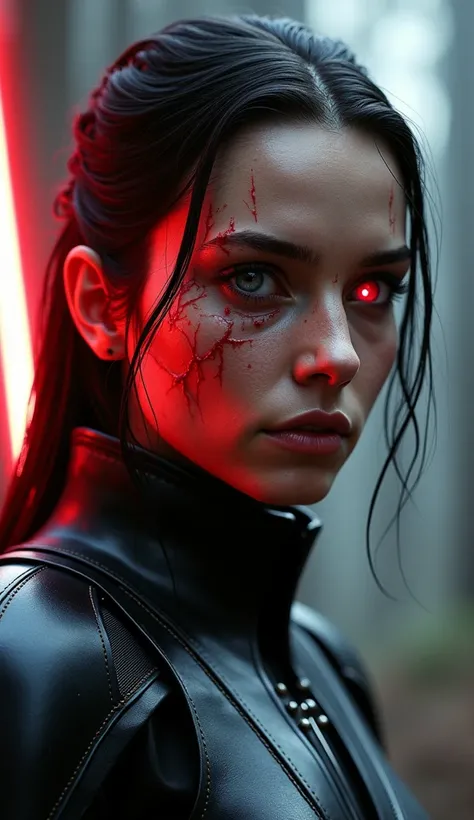 A young woman once full of promise as a Padawan, now a haunting figure of vengeance. Her body, encased in sleek black armor, is a seamless fusion of machinery and humanity, pulsating with crimson veins of dark energy that sustain her. Her face, uncovered, ...