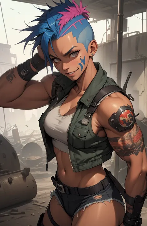 ((( whole body ))), master part,  best quality ,  super detail , 8k, beautiful woman, Tank Girl com cara de maluca,  mischievous smile  , whole body, colored mohawk hair, punk girl, post-apocalyptic world, ((  of the tank )), nijistyle,  torn and dirty clo...