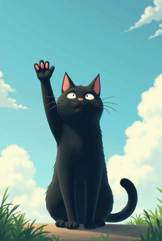 The black cat is already facing the front, lets wave at La Slight studio Ghibli  , The background is the sky. 