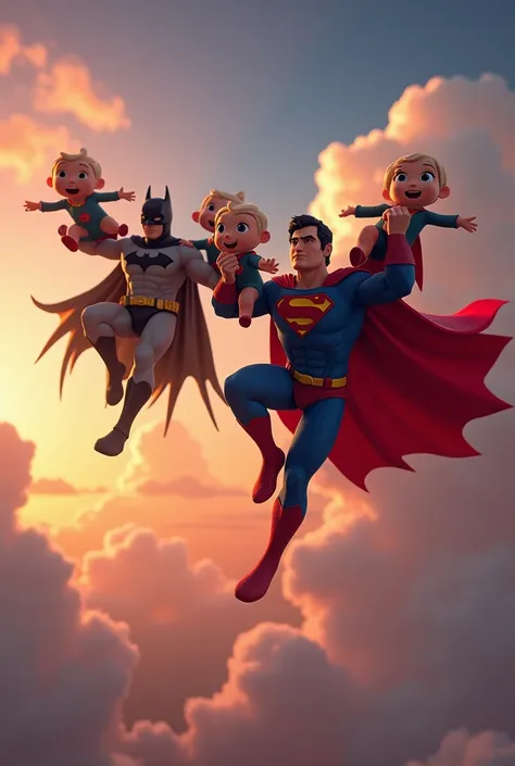 make me batman and superman characters flying while carrying 5 small ren, bright evening sky background, full body shot, realistic