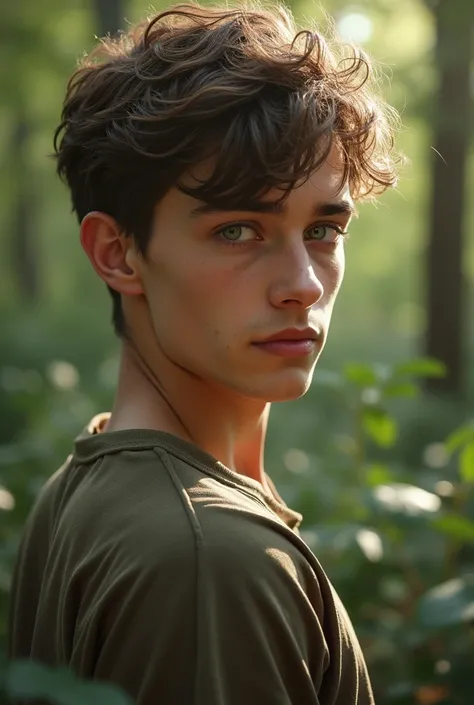 A highly realistic image of a young male, around 16-18 years old, with short, messy brown hair, slightly tousled. His deep green eyes are captivating, contrasting against his clear, fair skin. His physique is athletic and lean, with well-defined muscles th...