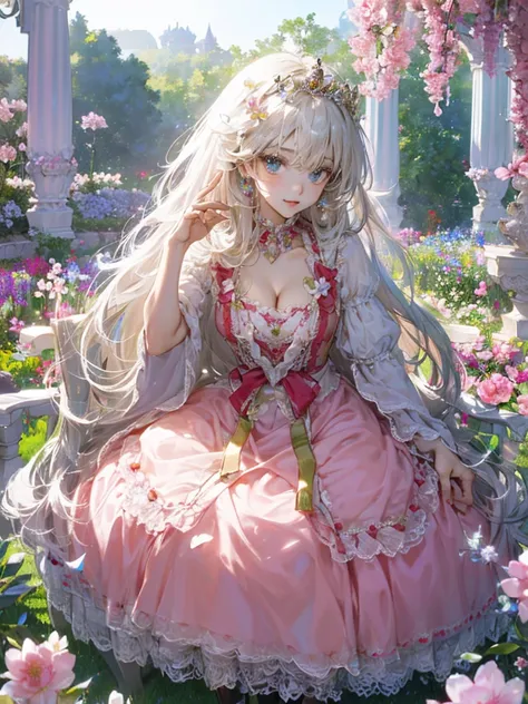 ((Anime Art Style)),(masutepiece),(Best Quality), (Super Detail),((Very delicate and beautiful)),(((Solo))),((Full body portrait)),(((A single princess dressed in a traditional costume with fine workmanship))),((crinoline)),Long Train,((Stand in the garden...