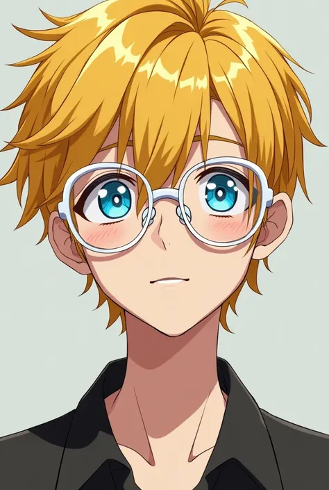 White man, blue eyes, yellow hair, wearing anime white glasses