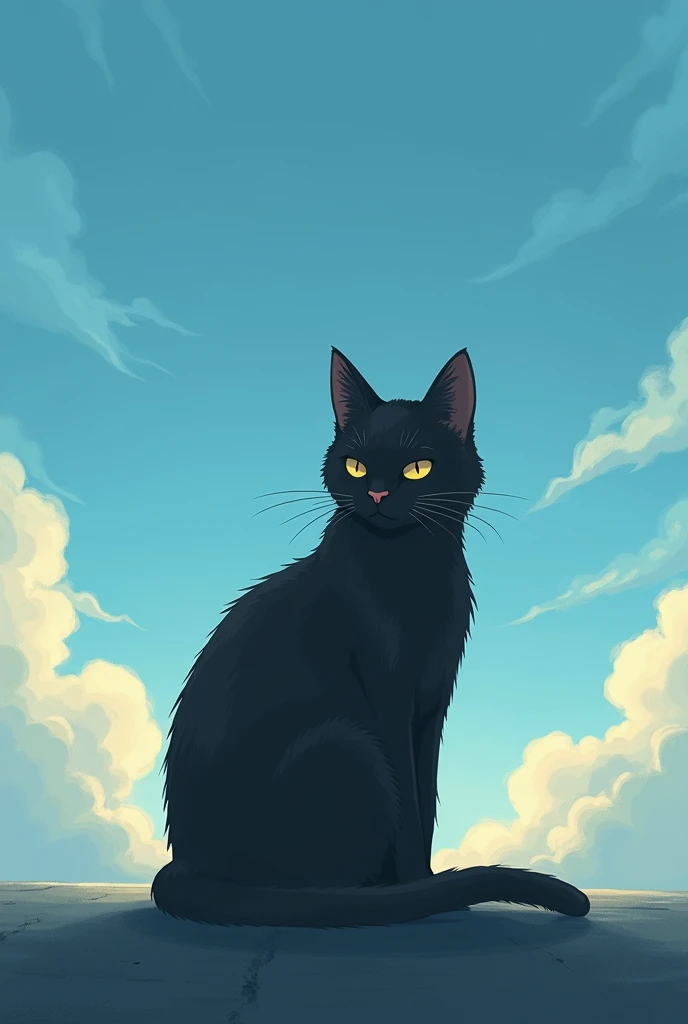 Sad looking black cat. Studio Ghibli slideshow , The background is the sky.