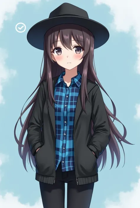 You can make an 18 year old girl, white skin, dark brown hair long to the waist, Light blue flannel, black jacket, black fedora, black pants, and a light blue background with some touches, for a wallpaper, anime style, please 