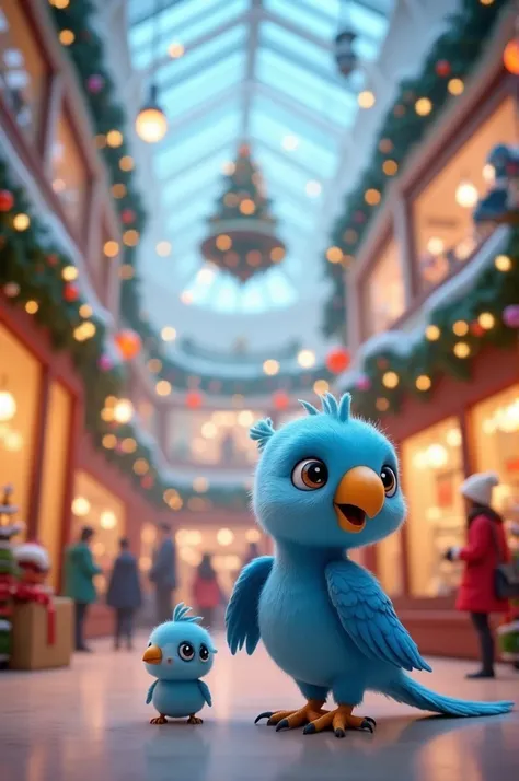 Little blue parrot its at the mall with chrismast decoration and hes mom bird