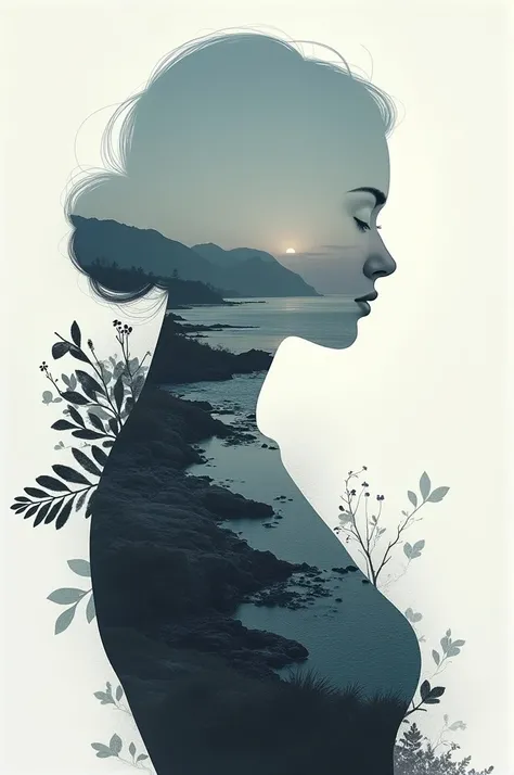  HIGH QUALITY, 8K ultra HD, Una hermosa double exposure que combina una silueta de diosa con la costa al atardecer,  the coast at dusk should serve as a backdrop ,  with its details incorporated in the goddess , sharp lines, The background is monochrome,  ...