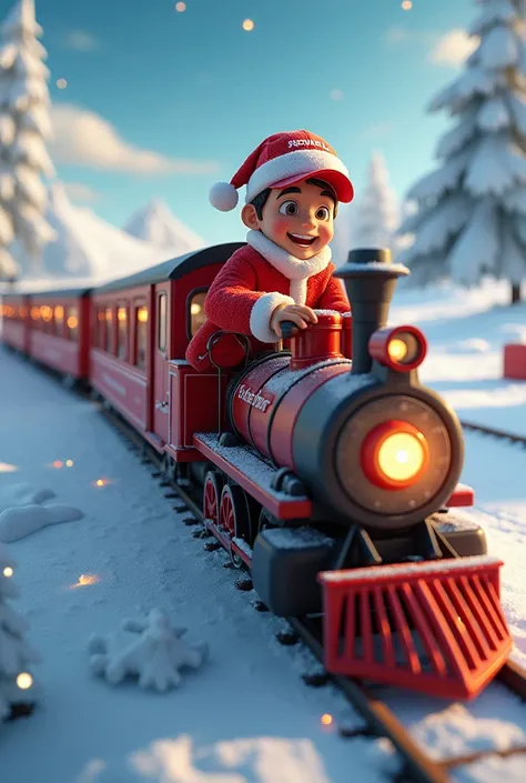  Create the image of a physical education teacher ,  with a sports cap with the name DANIEL on the front,wearing a red Santa Claus coat ,  the teacher is driving a Christmas train ,  and each car says Merry Christmas ,  the train is crossing the North Pole...