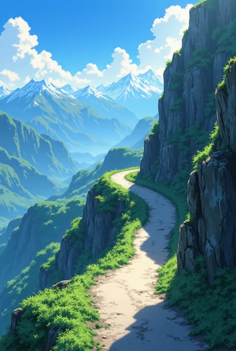 Makoto Shinkais style，A mountain road up the mountain，in ancient，Faraway view，without humans，no buildings