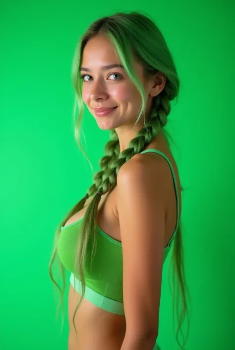 20-year-old girl with an angelic face,  perfect body , huge perfect breasts, long green hair tied in two braids, very low cut tank top ,  t-shirt without underwear , professional pose, side shot,  the background is a solid green screen without shadows and ...