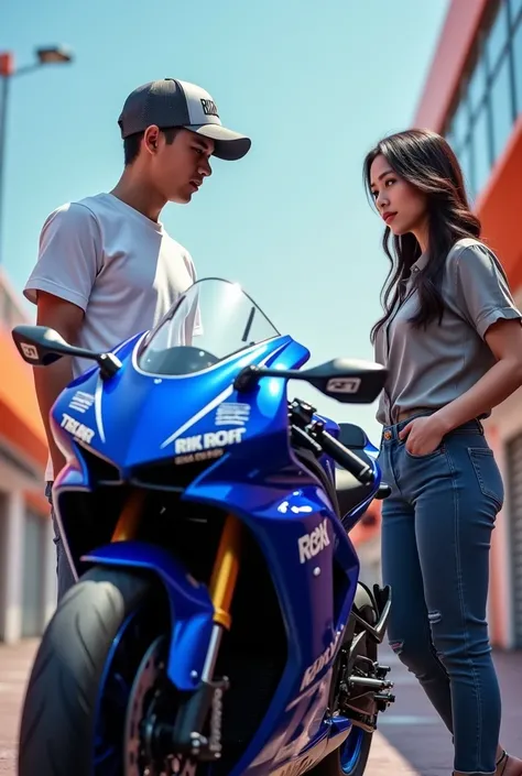 WSBK racing bike blue livery Indonesian men age 25 years old wear basketball cap clothing koas jeans White and beautiful women wear dress shirt big breasts there are WSBK YAMAHA R15 bike blue UHD livery 