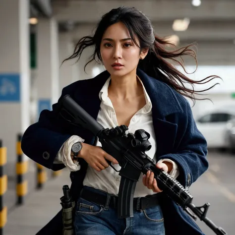 8k, Photorealistic 、 full shot 、 Realistic Skin Texture 、、 beautiful Italian-Indonesian hybrid breed milf woman living in America 、 with long hair tied 、 stains、 holding an automatic rifle in everyday clothes、Sudden、Age 30、 Im tired、Running while lowering ...