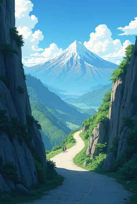 Makoto Shinkais style，A mountain road up the mountain，in ancient，Faraway view，without humans，no buildings