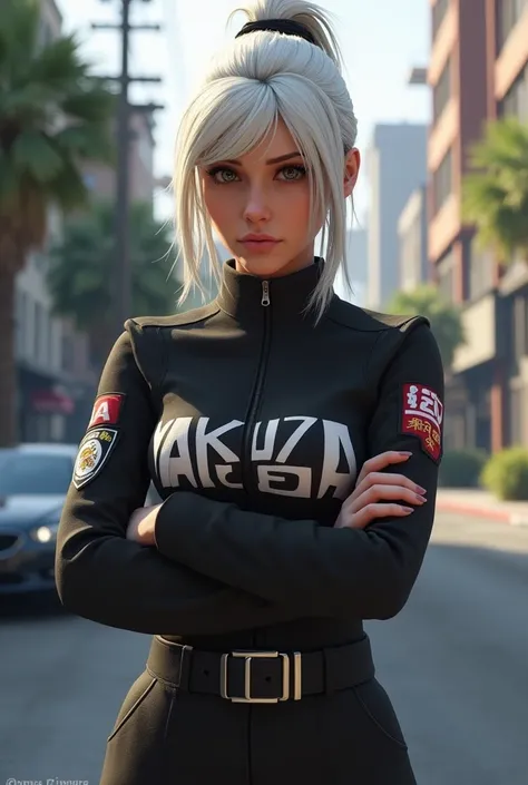 Create a character from GTA 5 with her hair in a white tuft with her arms crossed at the age of 22 and a uniform with the name Yakuza but not being Japanese and not having her hair tied together agr create one in the female version using the same backgroun...