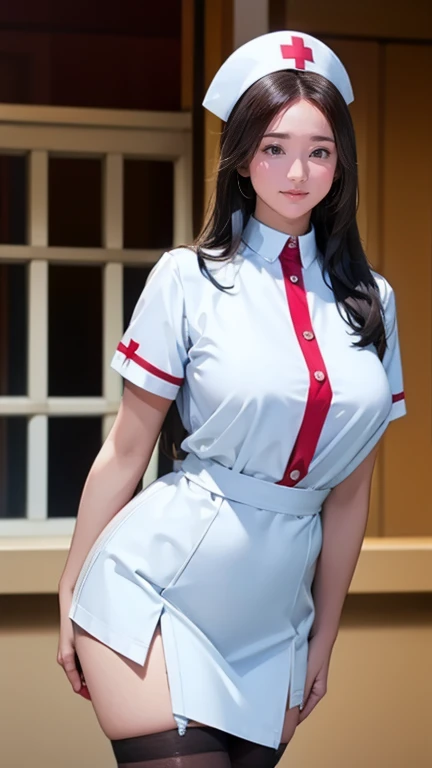  There is a nurse in the hospital wearing a nurses uniform  、  black stockings with big breasts covered in a dark prison 、 long hair、  thin waist、  Big Chest in a Temple 、 smiles gently