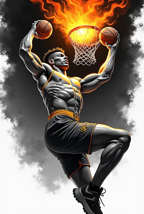 A buff Native American his eyes is made with fire in his eyes dunking like shaq and the ball is flaming, make it nba logo style. Cartoon style and make everything black and white but the fire is orange