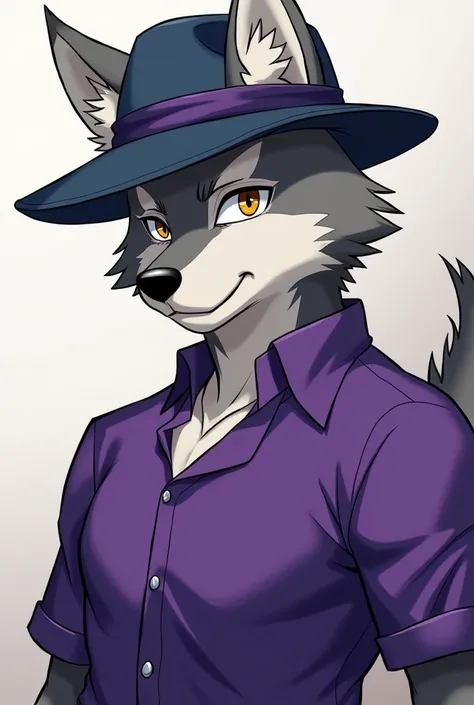 An anime-style furry wolf with a mark on his face, specify a scratch near the cheek, do it with a purple shirt and a sexy denim hat 