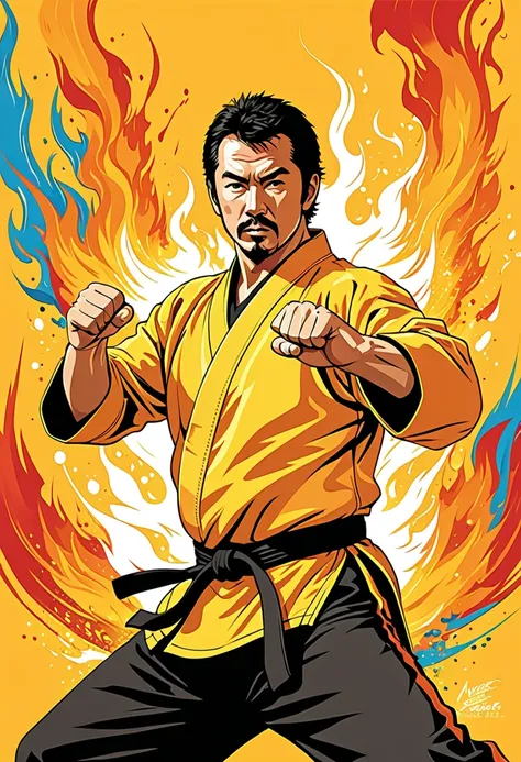 Ator Steven Seagael arte marciais ,  fire, Vector Art, Colorful illustration with lots , , High Detail,yellow style background norris chuck karate
