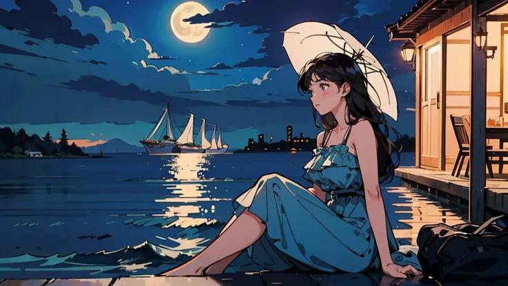  top quality, 8k,  1990s style , 2010s hairstyle , 21 year old girl ,Im pensive, (( is sitting on the ground)),  black hair, Big Breasts,  long hair,  light brown eyes,  city pop, Night beach, Moonlight, Calm sea, Ships in the distance , Big shoulders, ,bl...