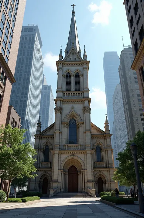 A  stone build church in the middle of metropolitan 