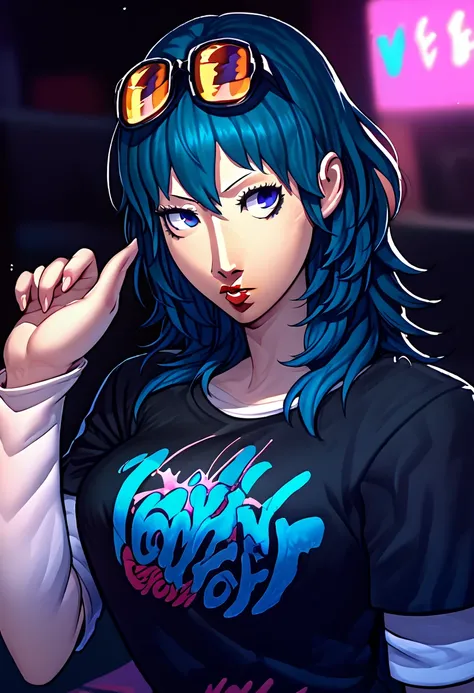 1girl, sunglasses on head, lipstick, black t-shirt, clothes writing, layered sleeves, large breasts, jeans, Byleth, blue hair, blue eyes, 