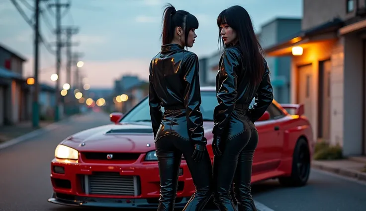 realistic photo , 2 punk asian woman standing , wearing shinny pvc jumpsuit , shinny pvc jacket , wearing shinny pvc thigh high boots , shinny pvc long gloves , in japanese street at dusk with nissan s15 drift