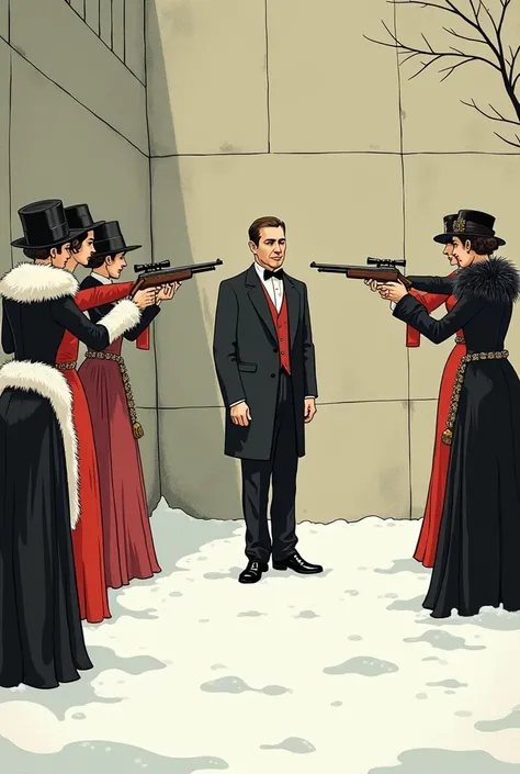 Political satire cartoon of Man executed by gun squad of 1920s high society ladies for social faux pas, he’s standing against a wall in a snowy courtyard, the ladies clad in ball gowns and furs, and they are taking aim. 