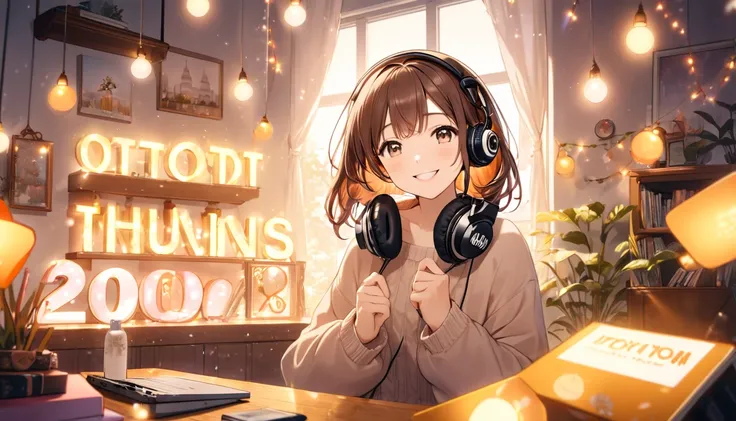 A celebration of reaching 700 subscribers on a YouTube channel. The scene features a cheerful 20-year-old girl with brown hair wearing headphones, surrounded by glowing lights (glowing:1.4) in a relaxing, cozy room. Shes holding a sign that reads thank you...