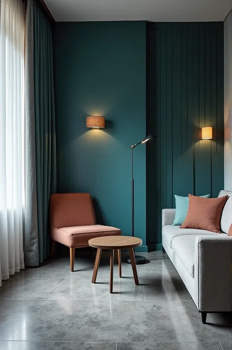 Create an image of an apartment with the bold glossy gray floor and a petrol blue wall and the rest of the walls with 3D plaster but that the apartment is middle class 44 square meters