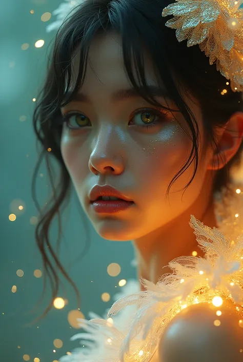 The Fantastic Figure of a Delicate Woman , Glowing Feathers, Surrounded by glitter ,   graceful girl figure wearing a magical creature 。Skin on the surface of the earth is scattered ,  pubic skin,   Iridescent Dress ,  Detailed Background , ([ Elizabeth Ol...