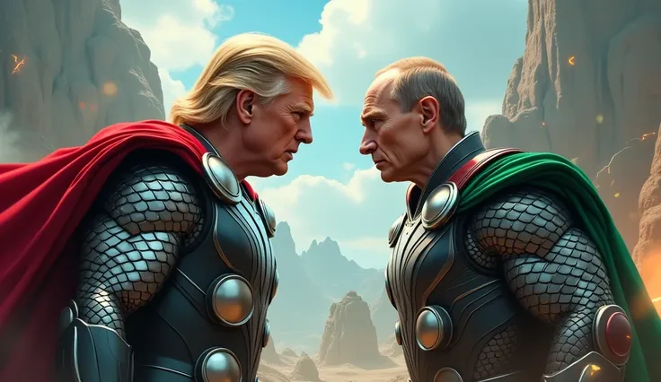 A highly detailed and dynamic illustration of Donald Trump wearing a customized version of Thors armor, battling his brother Loki, represented by a customized version of Vladimir Putin, the president of Russia. Thors armor retains the black and metallic gr...