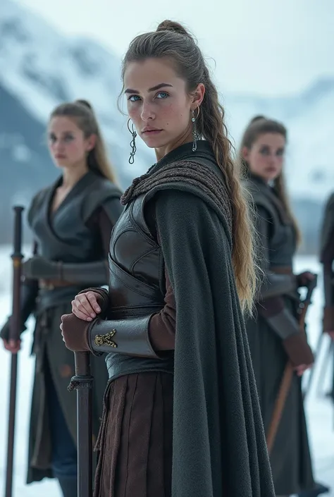  Against the background of the cold northern landscape  (Mountains, ice, Fjords) , several Viking women wear armor , tie leather belts ,  straighten their capes and weapons .  Their images are powerful and attractive — there is little armor,  emphasizes fe...