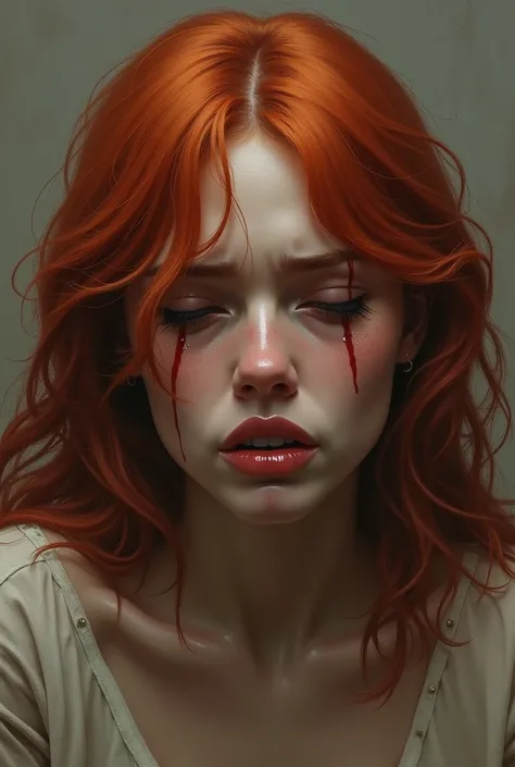 A red-haired woman crying