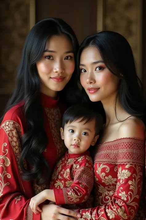 1 Family, Potrait of 3 wife Indonesian-chinese uighur girl,1 Indonesian boy (24 years old(husband)), Harem (Polygamy), long fashion hair, fit body, small cleavage, skintight black lace kebaya, batik skirt, masterpiece, highly detailed, ultra hd, 8k, detail...