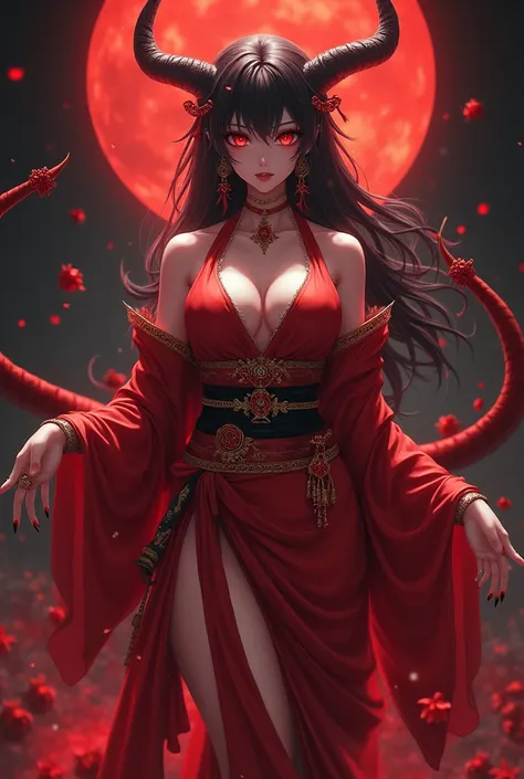 A cute demon queen wearing red kimono with red eyes with big ass and boobs who loves to seduce and torture humans in anime style