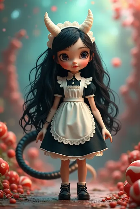 A rag doll, toy, with long black wavy hair , Semi-realistic animated, with a maid costume,  with a long tail and white dragon horns,  with an art like that of the amazing digital circus .