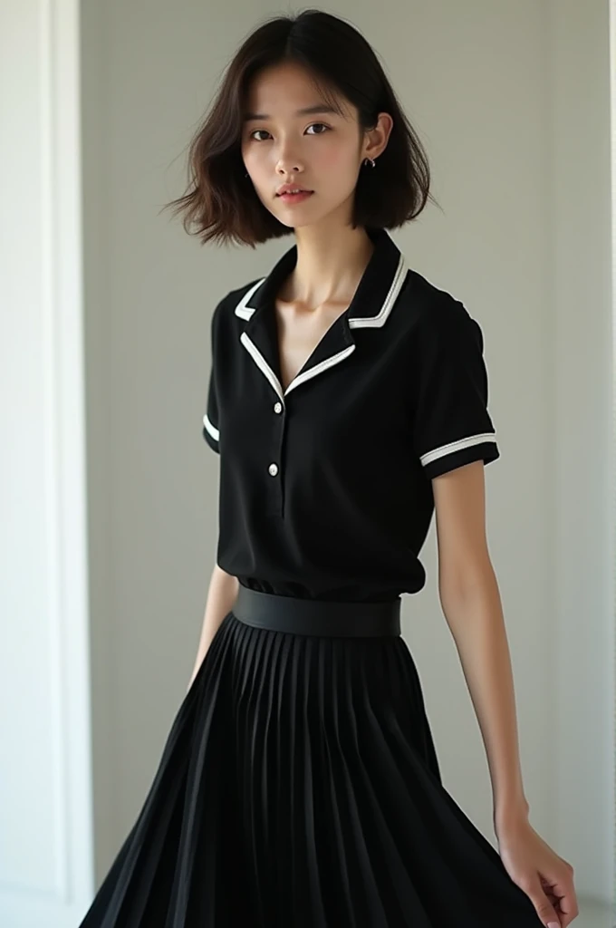 You can create a photo of a girl wearing a black pleated skirt and a black v-neck polo with white edges 