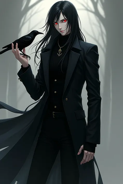 Homem gay,  with long black hair.  red eyes .  Hes wearing black clothes and a trench coat. He has pale skin .  Hes holding a black raven over his hand .  anime style . He has a little smile on his face  