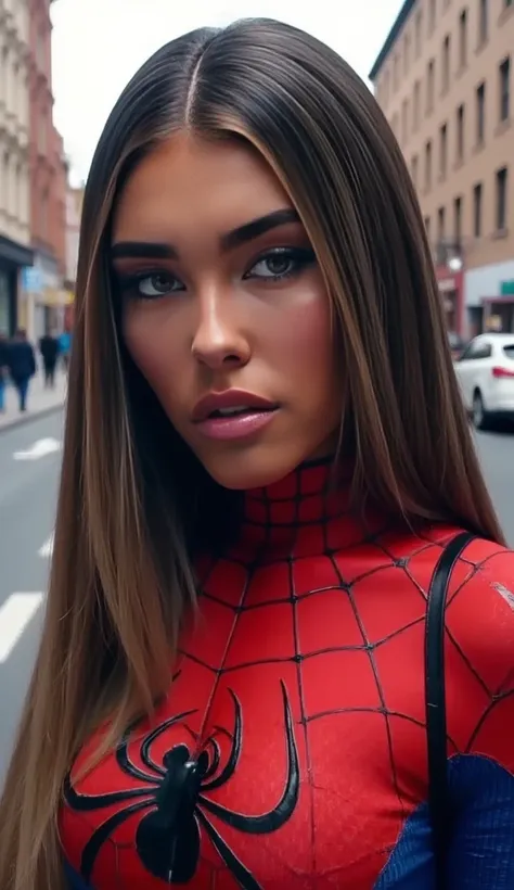 realistic closeup photo of a woman, heavy makeup, direct eye contact, photograph, wearing a spiderman suit, on a street, solo shot, iphone photo, m4d1s0n