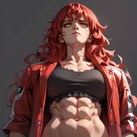 Woman 1, Detail,  long hair,  red hair,  wavy hair , breasts, breasts grandes, muscular, Russian facial features,  Abdominals ,  yellow eyes , perspective, imposing look, tired, black blouse and red jacket,  Simple Background