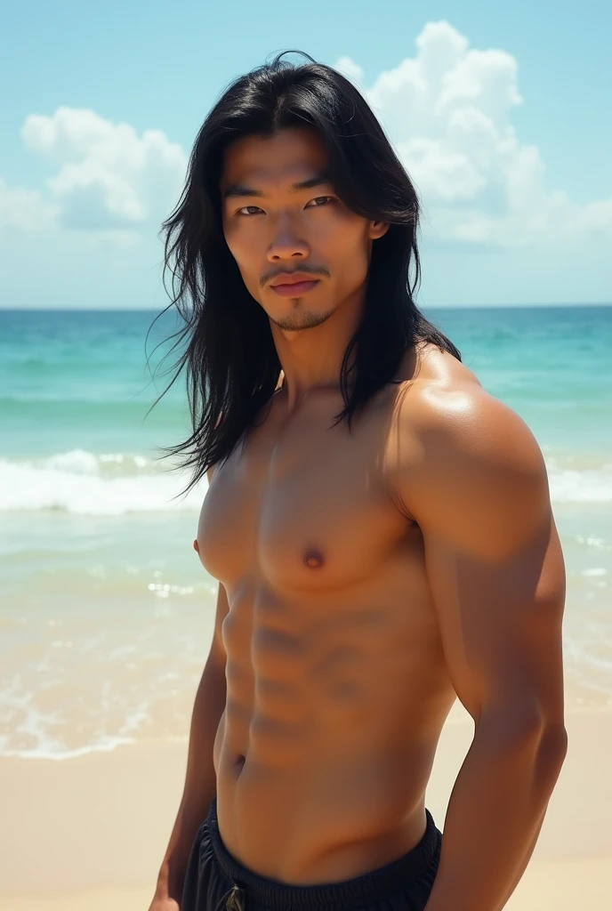 Beautiful and handsome Chinese Man, long hair, model, muscular, on a Beach, shirtless, hyper realistic, High detailed, 8k