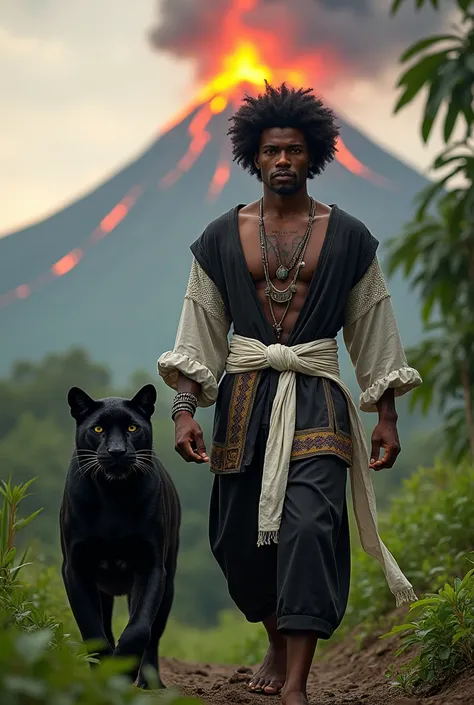 A curly haired black man wearing black trousers and long sleeve shirt silat uniform PSHT logo large white cloth tied waist on the right and white strappy shirt front zigzag tie perforated chest 5 walking hand in hand with a black jaguar in the wilderness a...